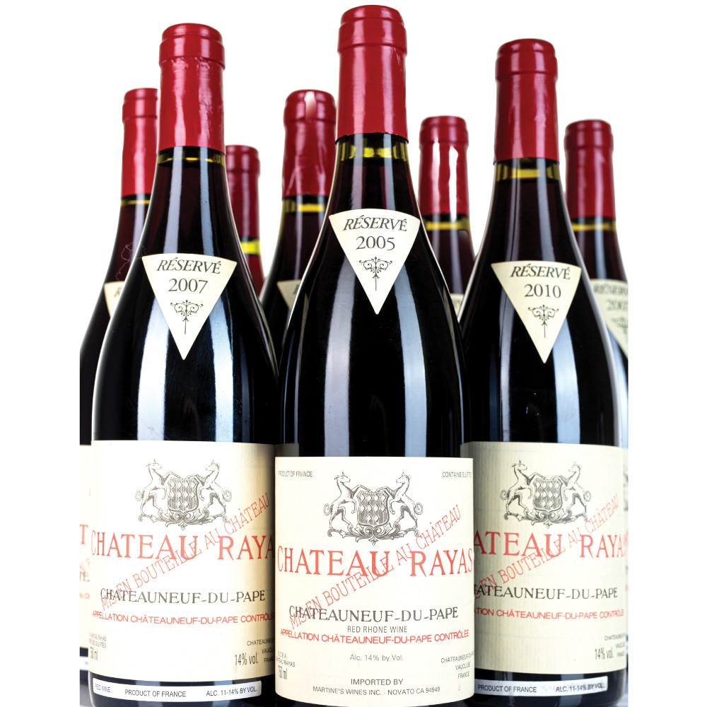 bottles of Chateau Rayas from different vintages